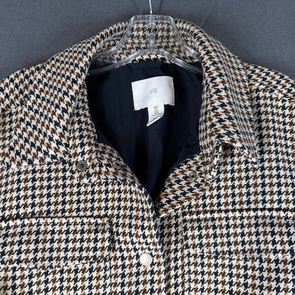 H&M Womens Large Beige Houndstooth Shirt Jacket Shacket Button Front Long Sleeve - Picture 6 of 12